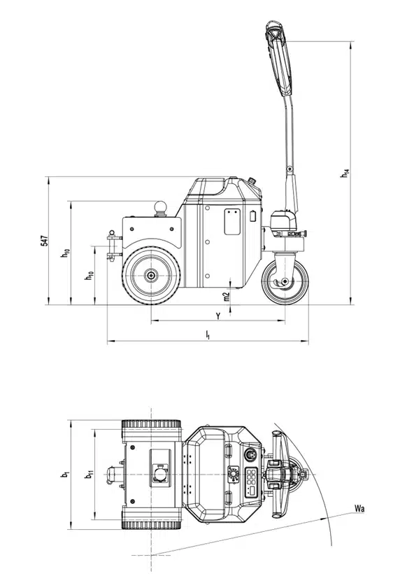 Schéma des dimensions du tracteur pousseur accompagnant selon la norme VDI 2198